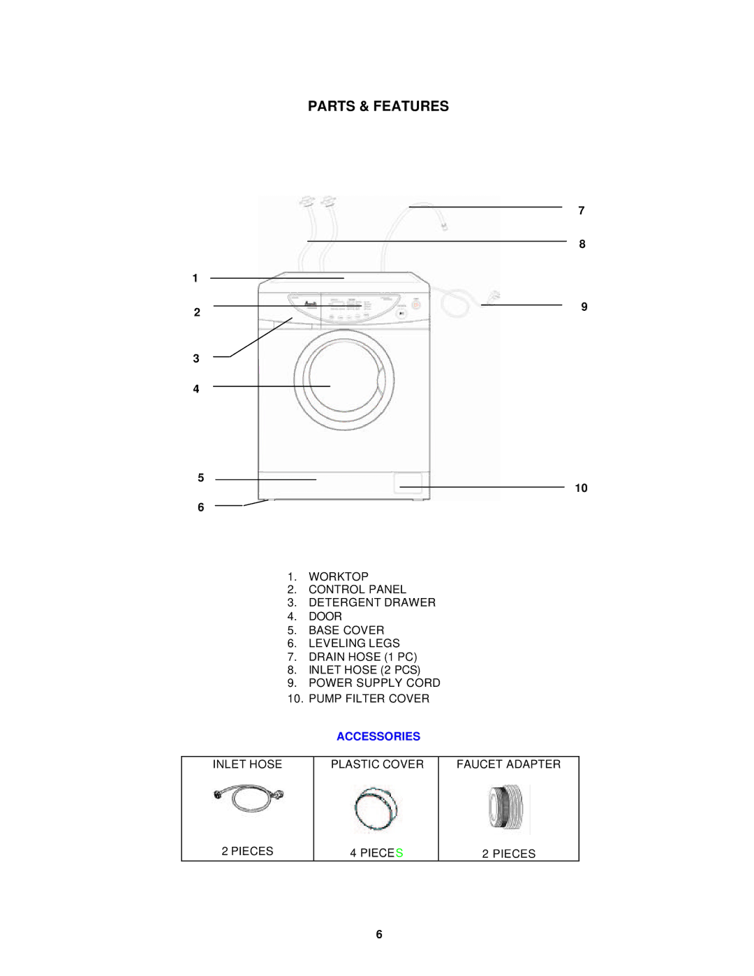 Avanti W892F instruction manual Parts & Features, Accessories, Inlet Hose Plastic Cover Faucet Adapter Pieces Piece S 