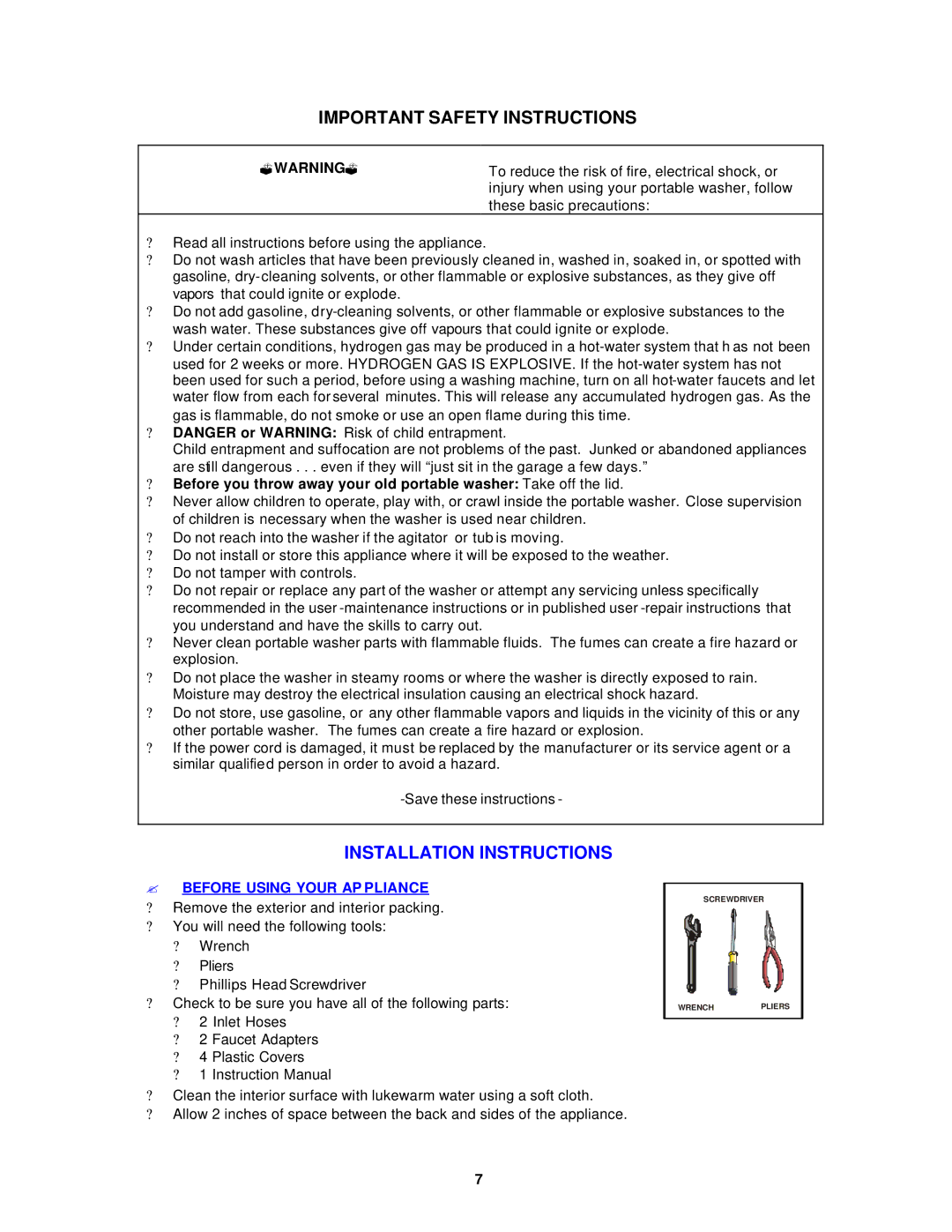 Avanti W892F Important Safety Instructions, Installation Instructions, ?Warning ?, ? Before Using Your AP Pliance 