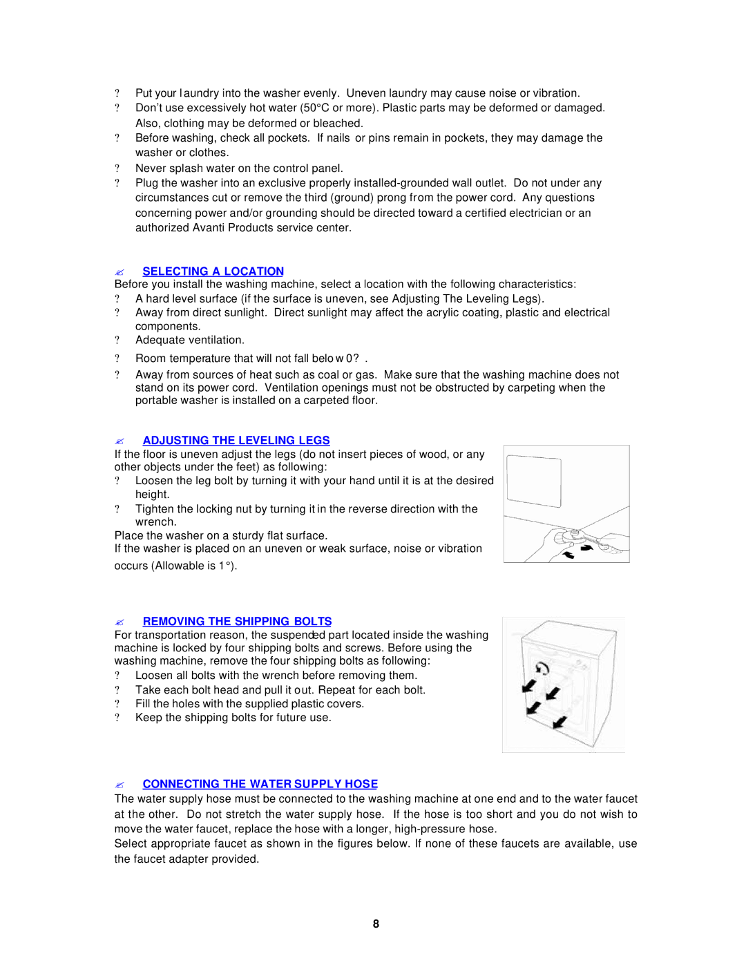 Avanti W892F instruction manual ? Selecting a Location, ? Adjusting the Leveling Legs, ? Removing the Shipping Bolts 