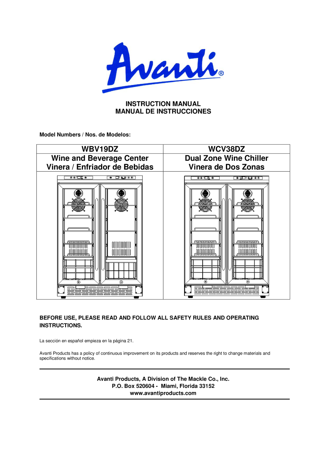 Avanti WCV38DZ, WBV19DZ instruction manual Manual DE Instrucciones, Model Numbers / Nos. de Modelos 