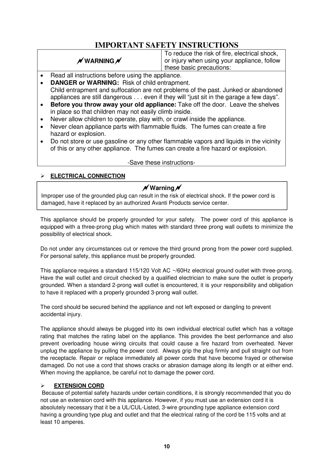 Avanti WBV19DZ, WCV38DZ instruction manual  Electrical Connection,  Extension Cord 