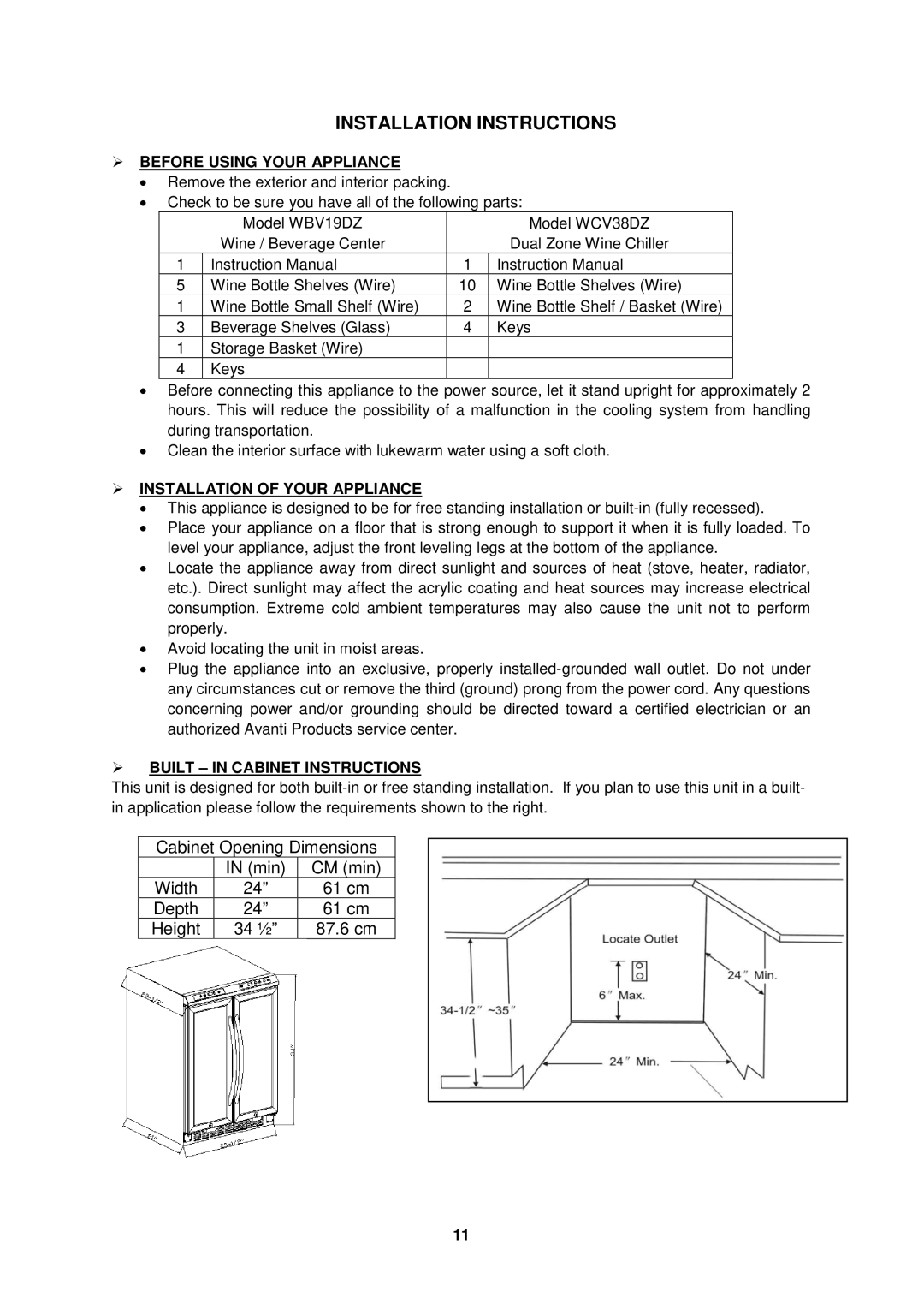 Avanti WCV38DZ, WBV19DZ Installation Instructions,  Before Using Your Appliance,  Installation of Your Appliance 