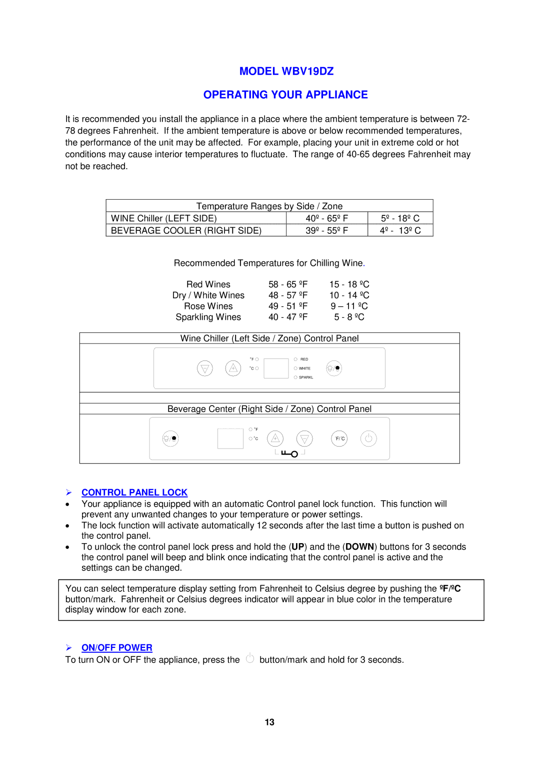 Avanti WCV38DZ, WBV19DZ instruction manual Beverage Cooler Right Side,  Control Panel Lock,  ON/OFF Power 