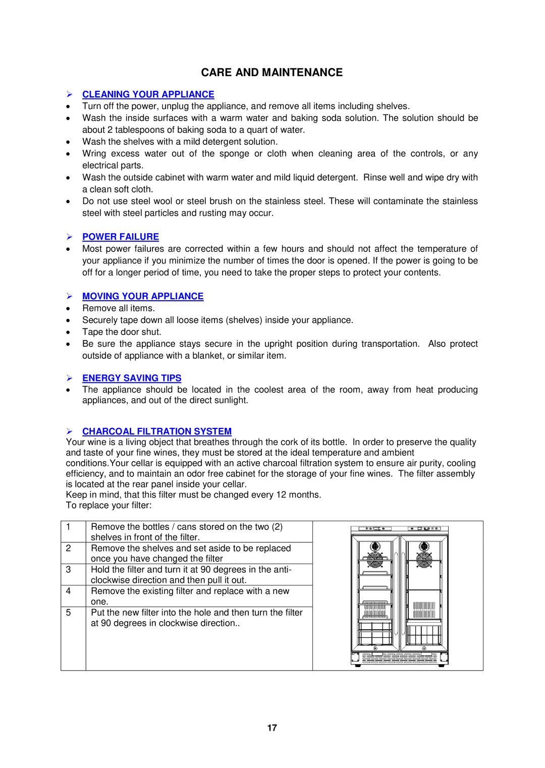 Avanti WCV38DZ, WBV19DZ instruction manual Care and Maintenance 