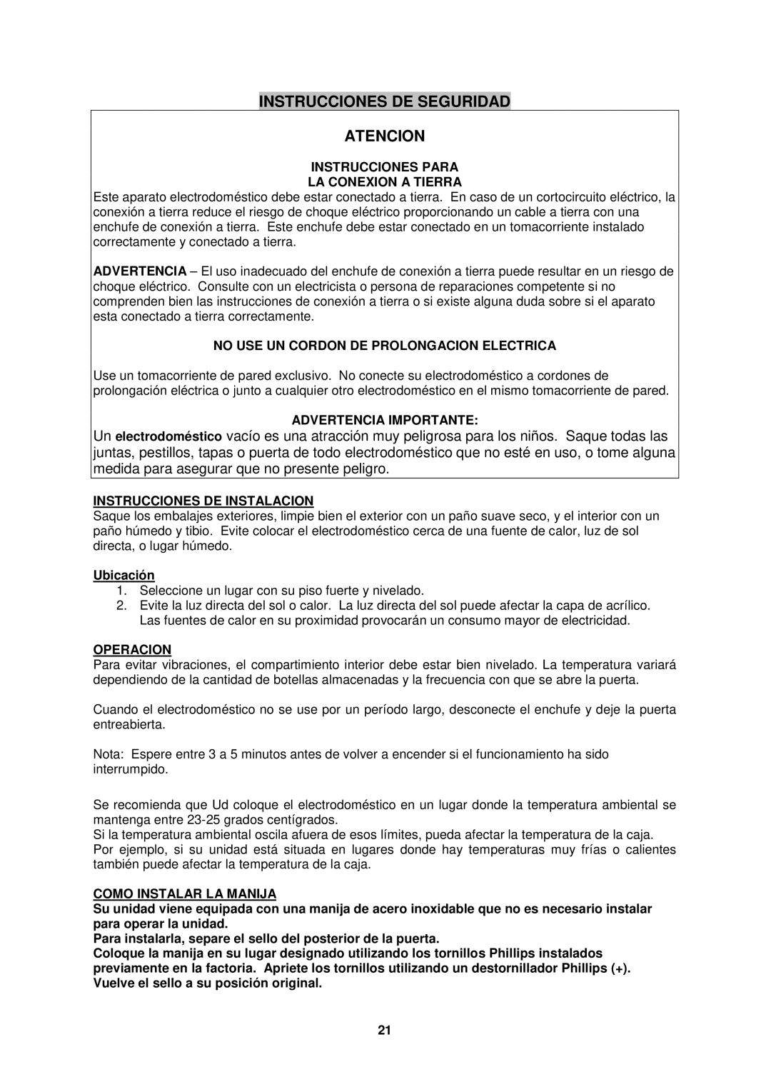 Avanti WCV38DZ, WBV19DZ instruction manual Instrucciones DE Seguridad Atencion 