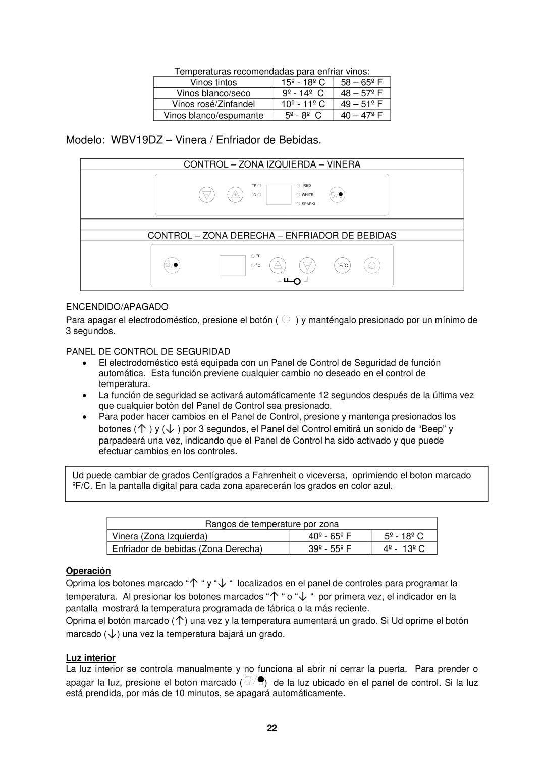 Avanti WBV19DZ Control Zona Izquierda Vinera, Control Zona Derecha Enfriador DE Bebidas ENCENDIDO/APAGADO, Operación 