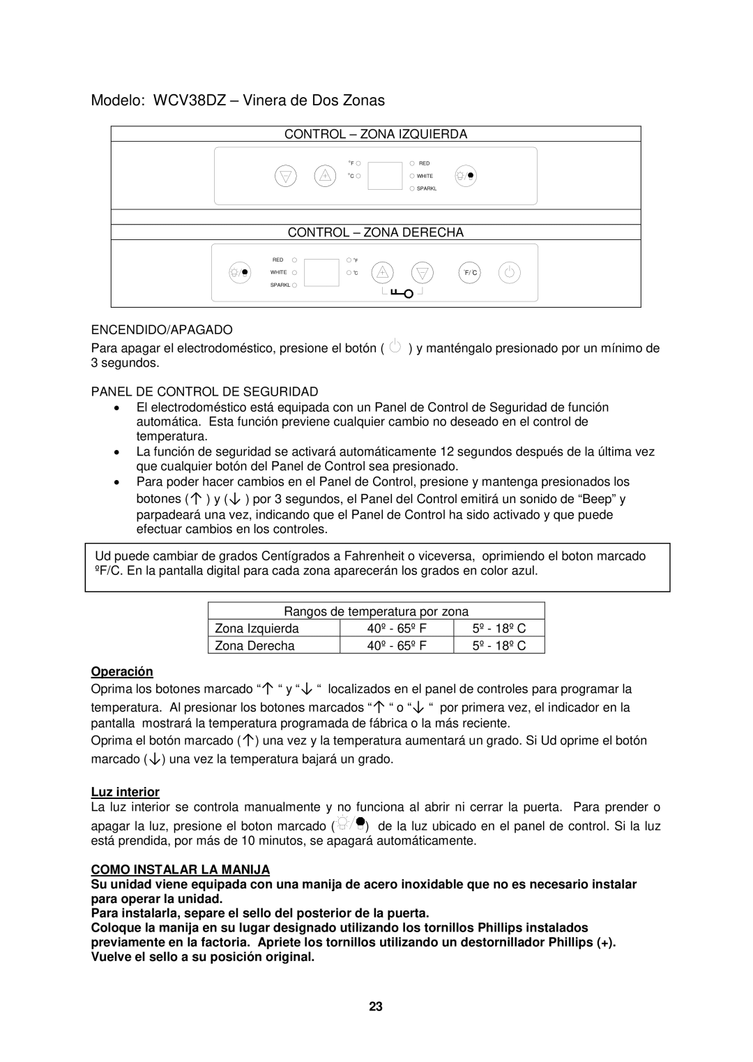 Avanti WCV38DZ, WBV19DZ instruction manual Control Zona Izquierda, Control Zona Derecha 