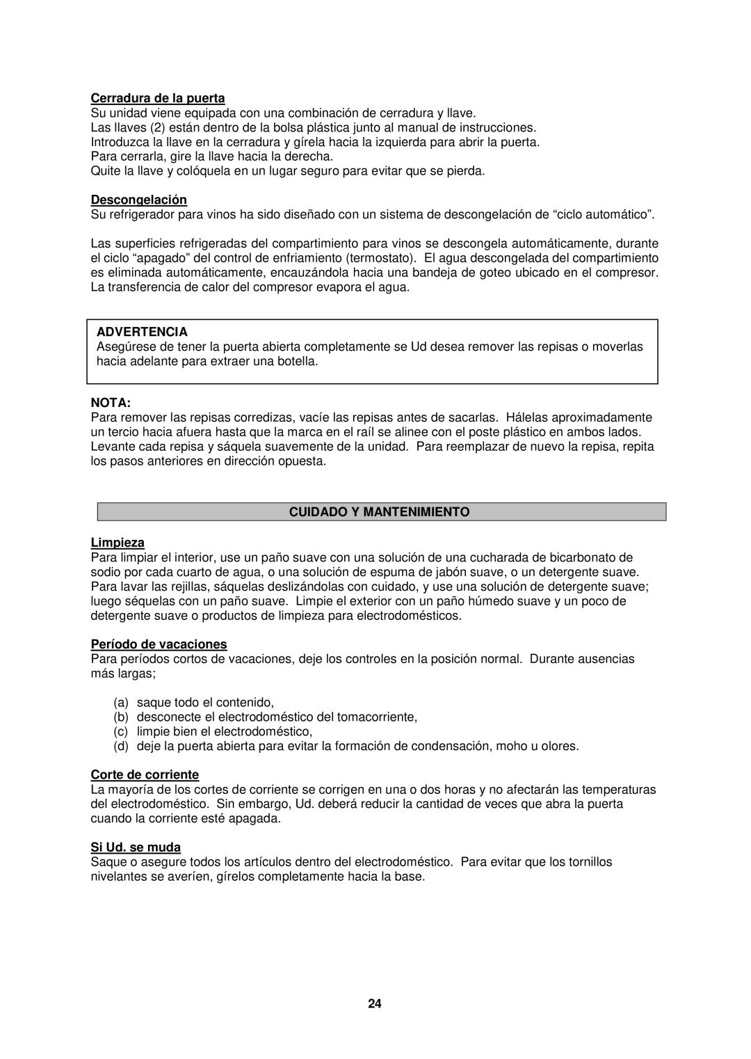 Avanti WBV19DZ, WCV38DZ instruction manual Advertencia, Nota, Cuidado Y Mantenimiento 