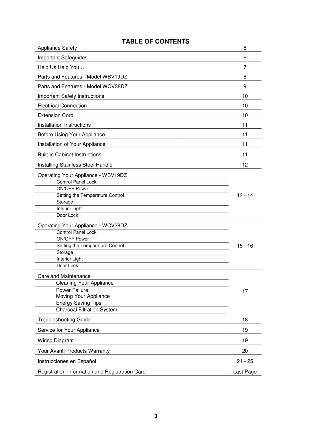 Avanti WCV38DZ, WBV19DZ instruction manual Table of Contents 