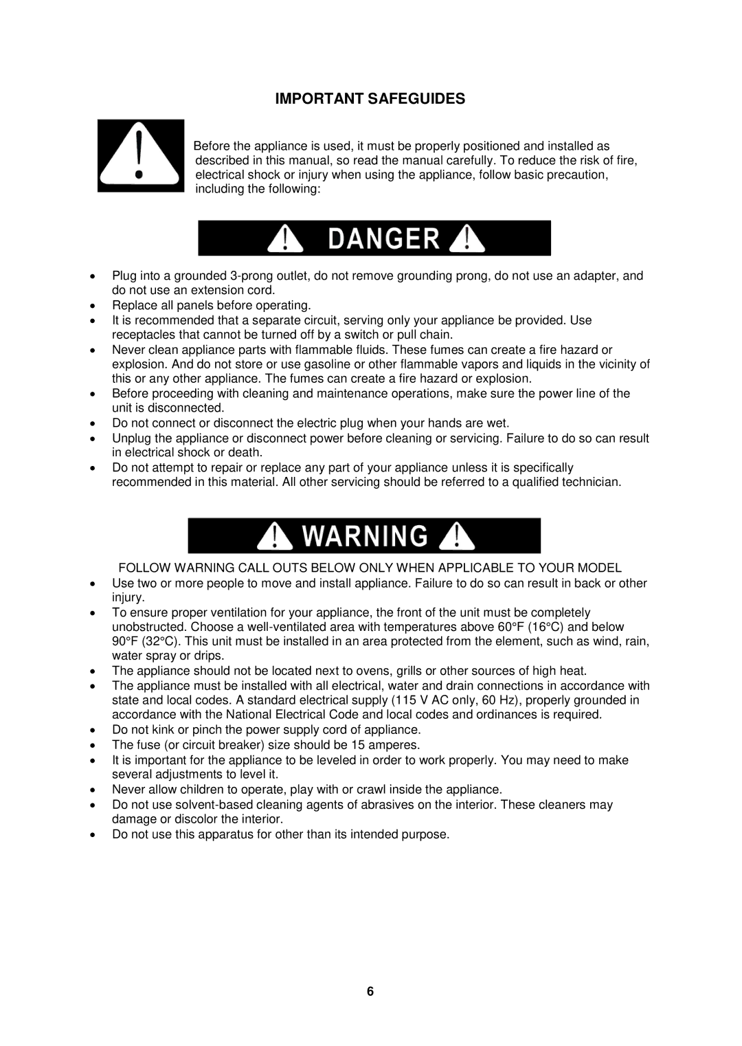 Avanti WBV19DZ, WCV38DZ instruction manual Important Safeguides 