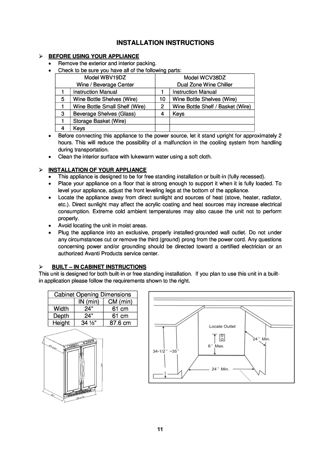 Avanti WCV38DZ, WBV19DZ instruction manual Installation Instructions, Width, 61 cm, 87.6 cm,  Before Using Your Appliance 