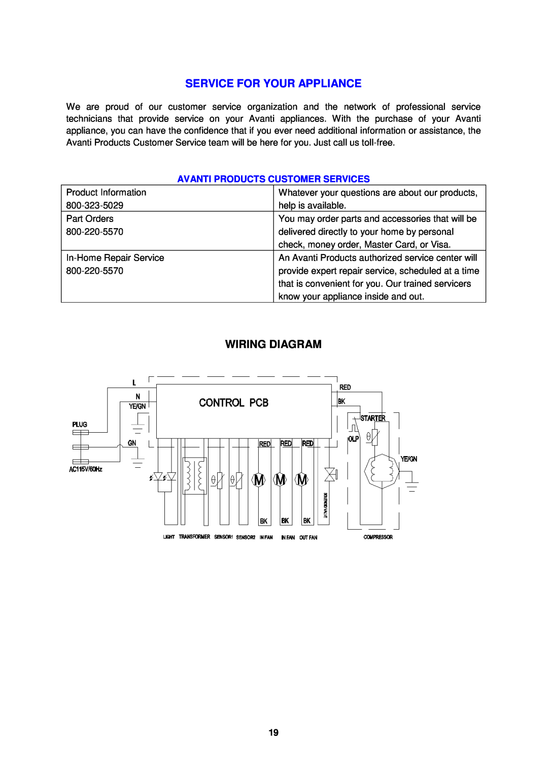 Avanti WCV38DZ, WBV19DZ instruction manual Service For Your Appliance, Wiring Diagram, Avanti Products Customer Services 