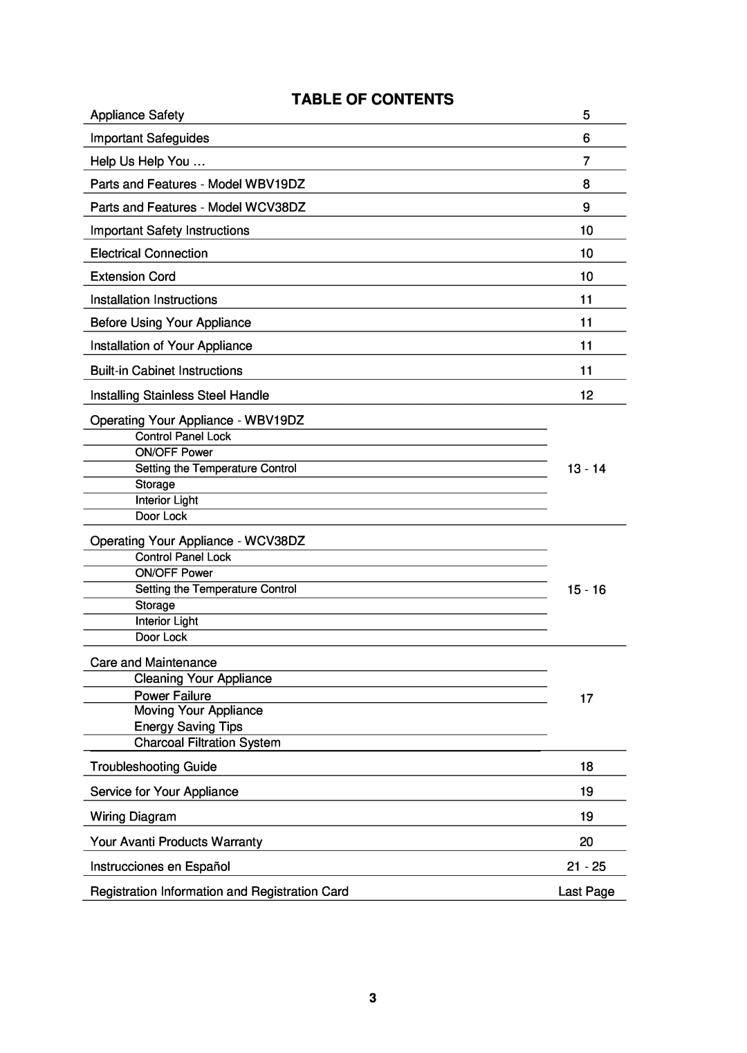 Avanti WCV38DZ, WBV19DZ instruction manual Table Of Contents 