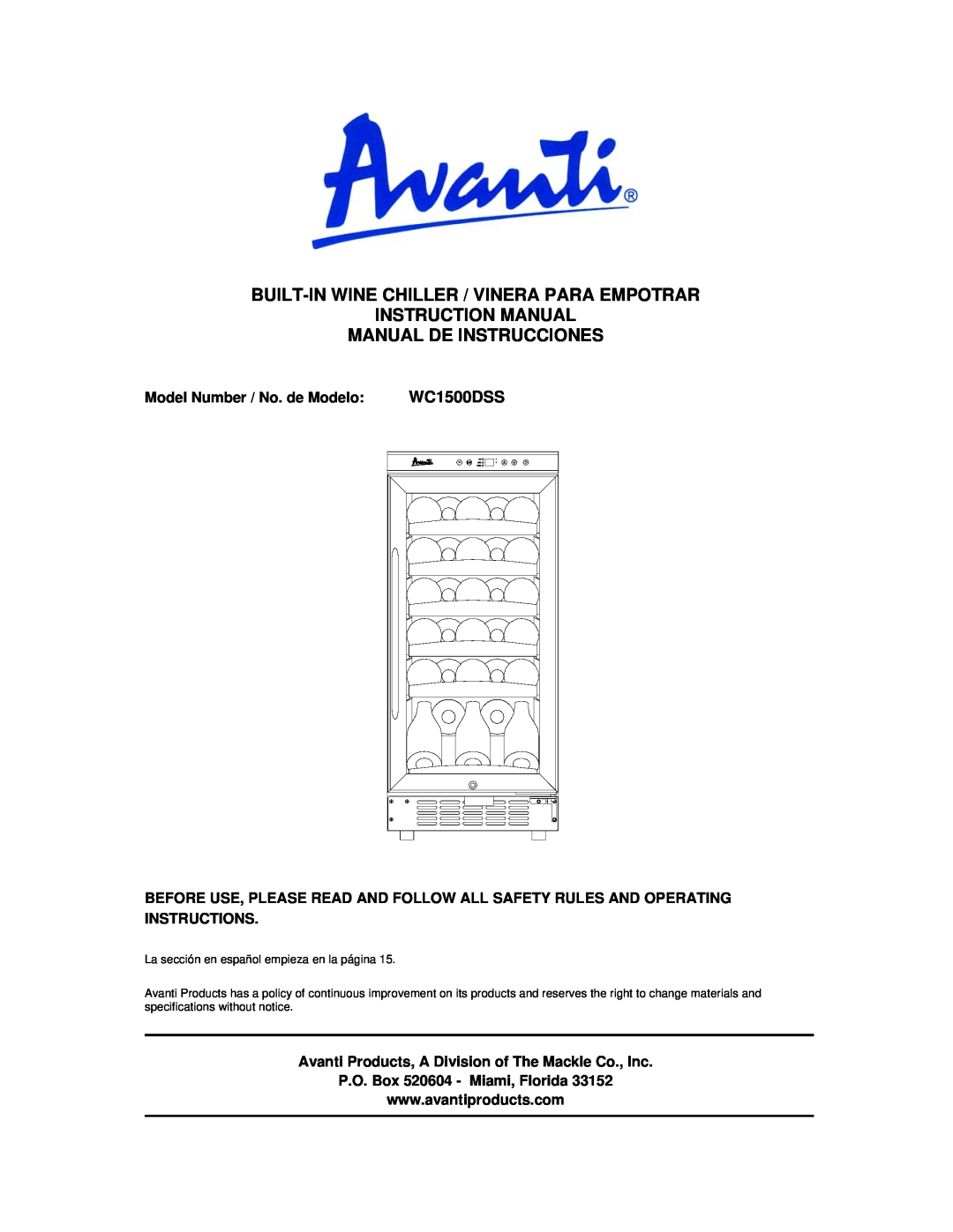 Avanti WC1500DSS instruction manual Manual De Instrucciones, Model Number / No. de Modelo 