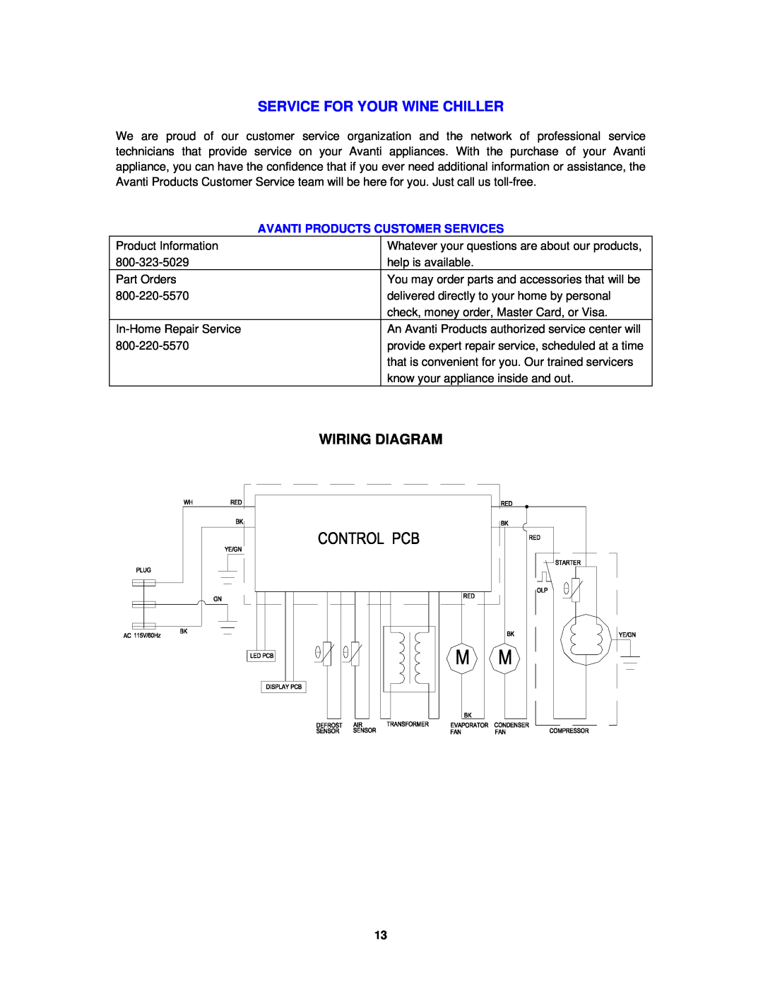 Avanti WC1500DSS instruction manual Service For Your Wine Chiller, Wiring Diagram, Avanti Products Customer Services 