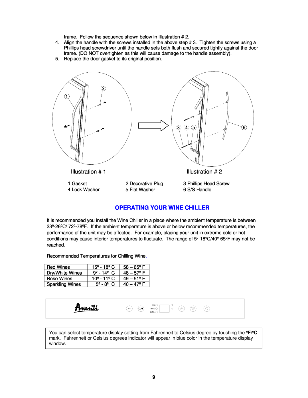 Avanti WC1500DSS instruction manual Illustration #, Operating Your Wine Chiller, Phillips Head Screw 