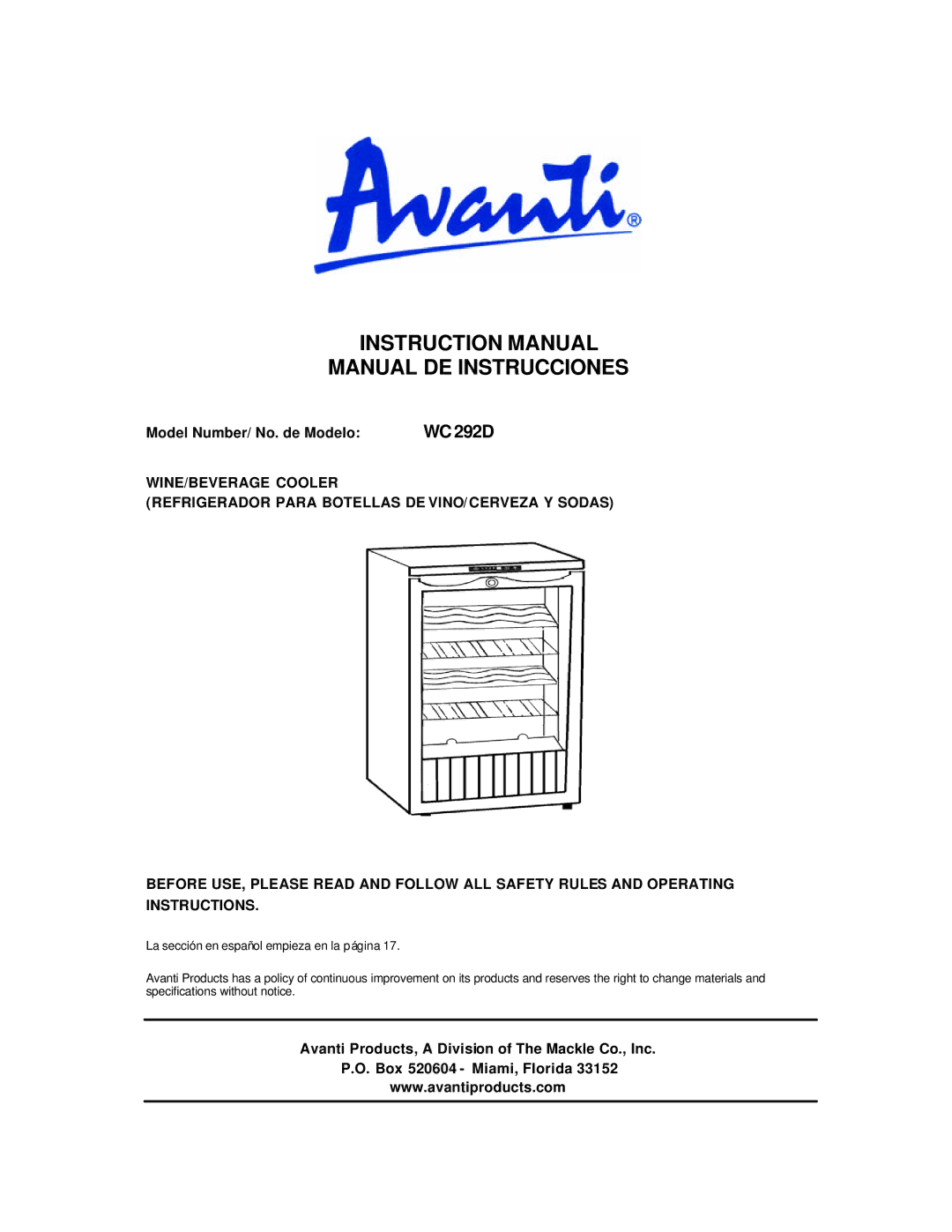 Avanti WC292D instruction manual Manual DE Instrucciones, Model Number/ No. de Modelo 