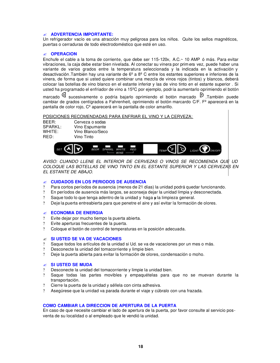 Avanti WC292D ? Advertencia Importante, ? Operacion, ? Cuidados EN LOS Periodos DE Ausencia, ? Economia DE Energia 