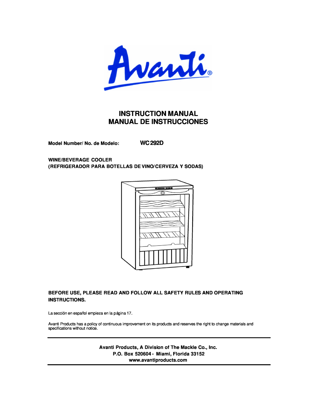 Avanti WC292D instruction manual WC 292D 