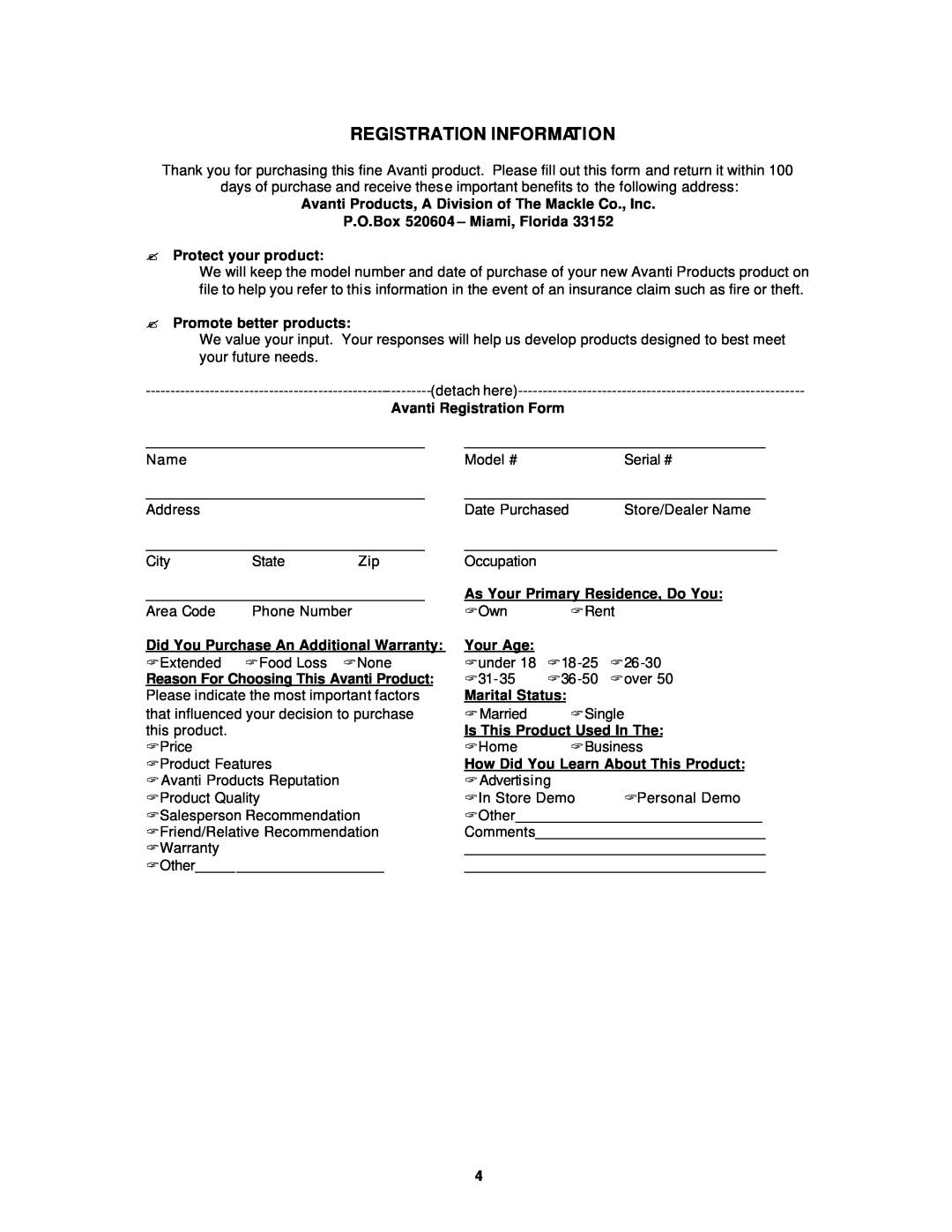 Avanti WC292D instruction manual Registration Information 
