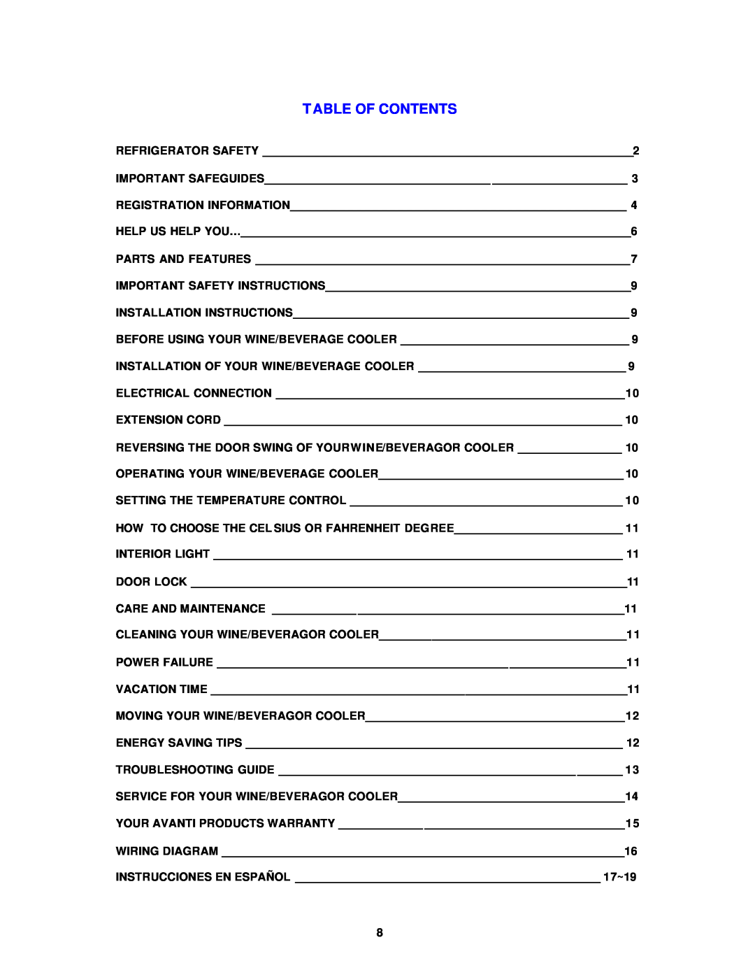 Avanti WC292D instruction manual Table Of Contents 