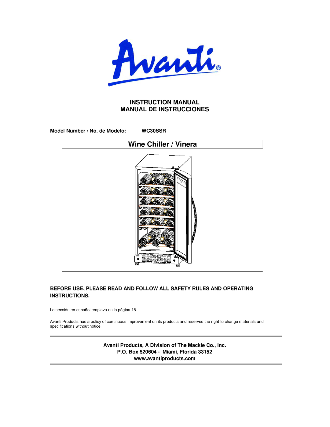 Avanti WC30SSR instruction manual Manual DE Instrucciones, Model Number / No. de Modelo 