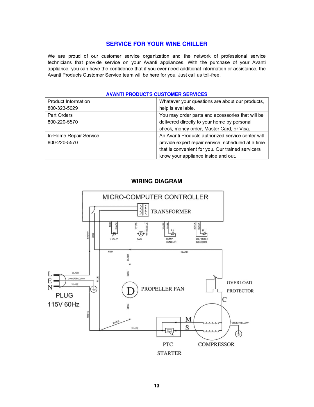 Avanti WC30SSR instruction manual Wiring Diagram, Avanti Products Customer Services 