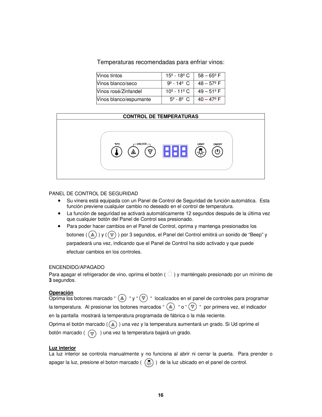 Avanti WC30SSR instruction manual Control DE Temperaturas, Operación, Luz interior 