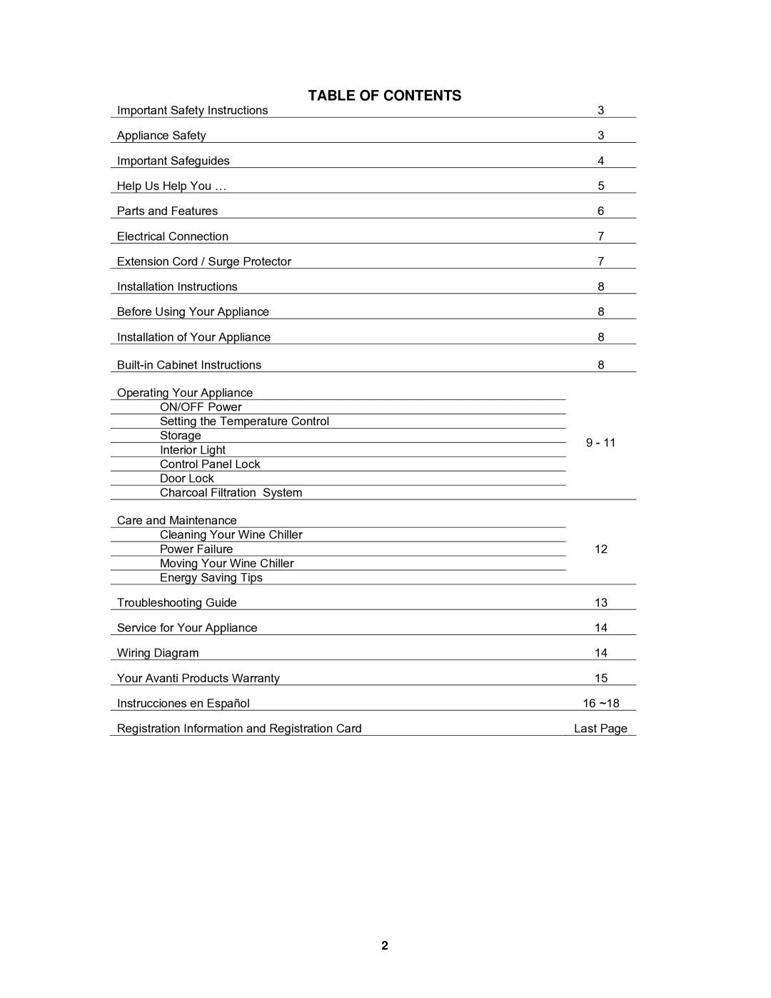 Avanti WC30SSR instruction manual Table of Contents 