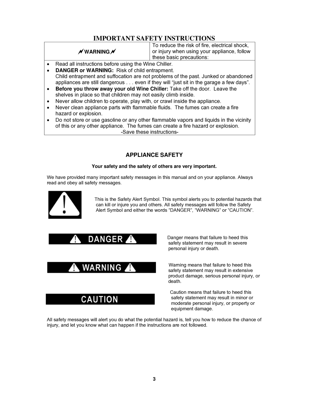 Avanti WC30SSR instruction manual Appliance Safety, Your safety and the safety of others are very important 