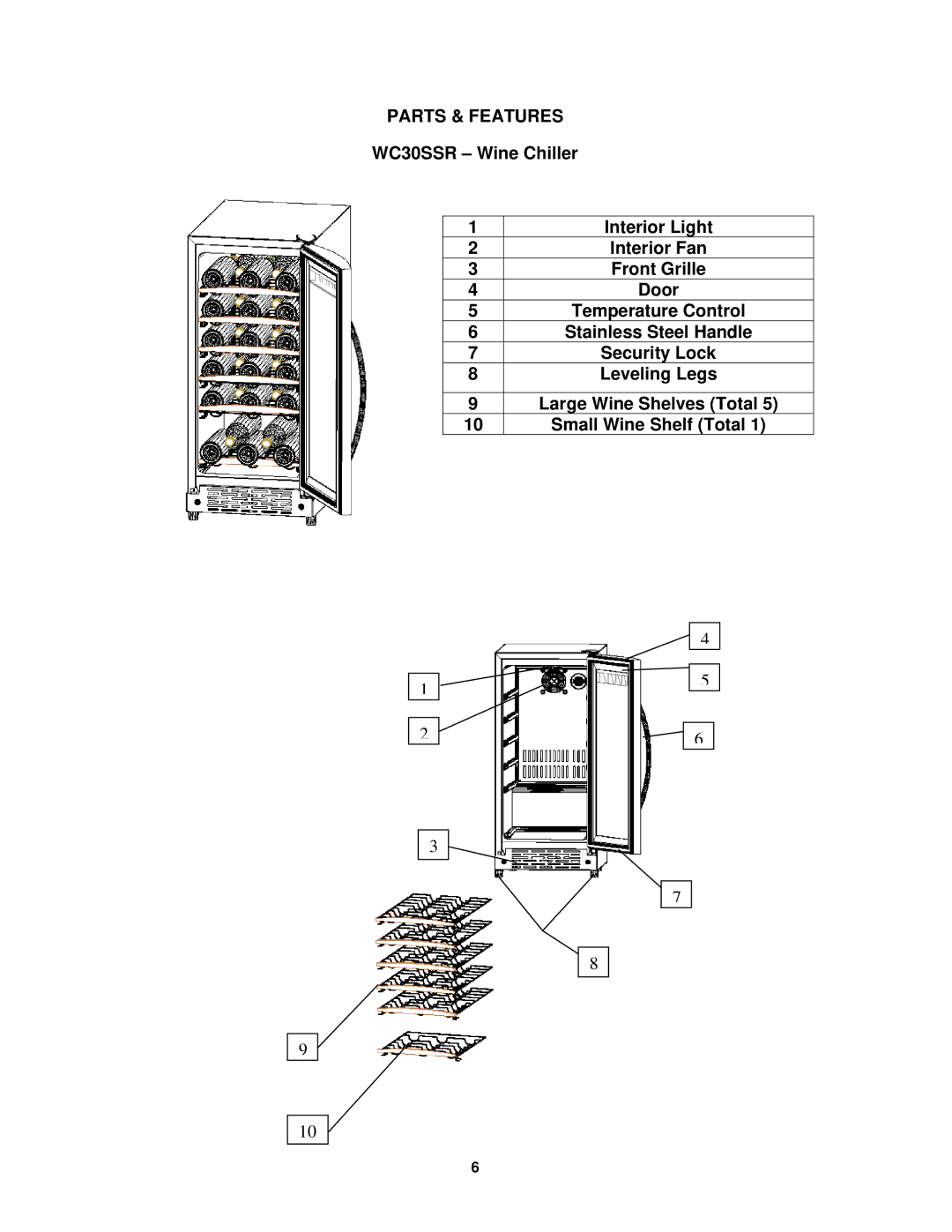 Avanti WC30SSR instruction manual Parts & Features 