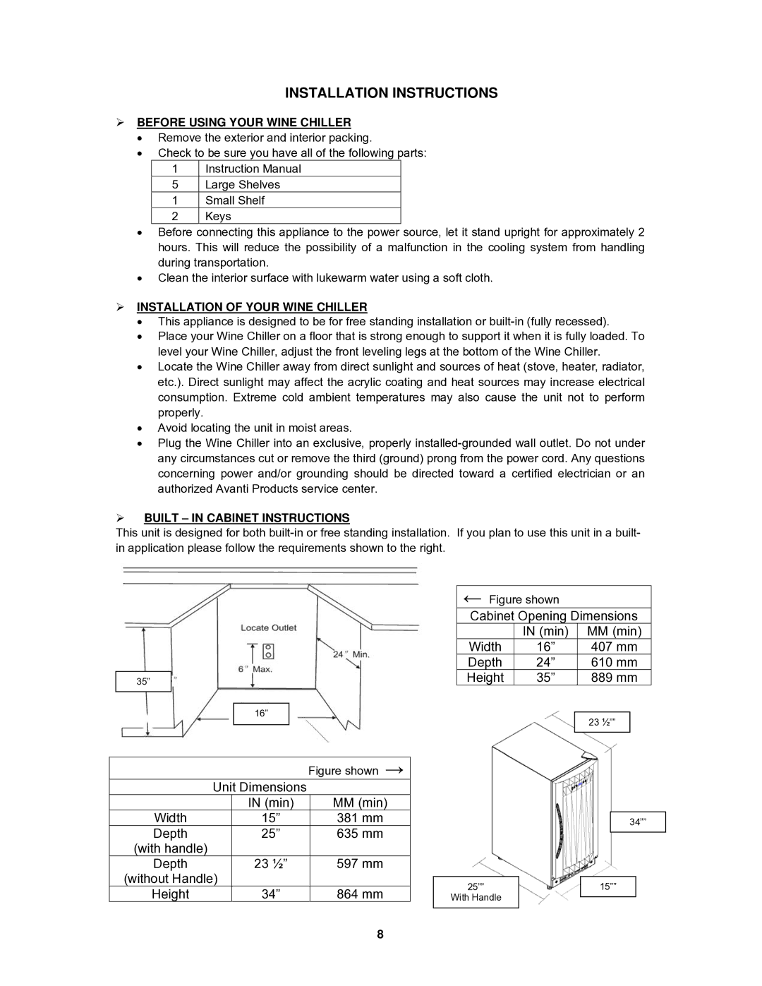 Avanti WC30SSR Installation Instructions,  Before Using Your Wine Chiller,  Installation of Your Wine Chiller 