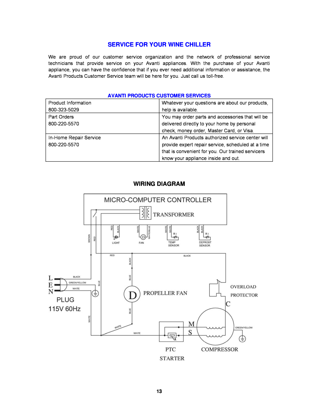Avanti WC30SSR instruction manual Service For Your Wine Chiller, Wiring Diagram, Avanti Products Customer Services 