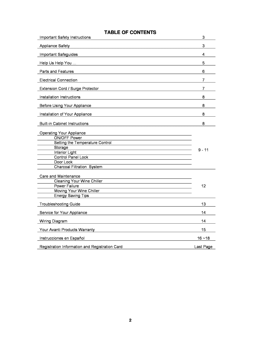 Avanti WC30SSR instruction manual Table Of Contents 