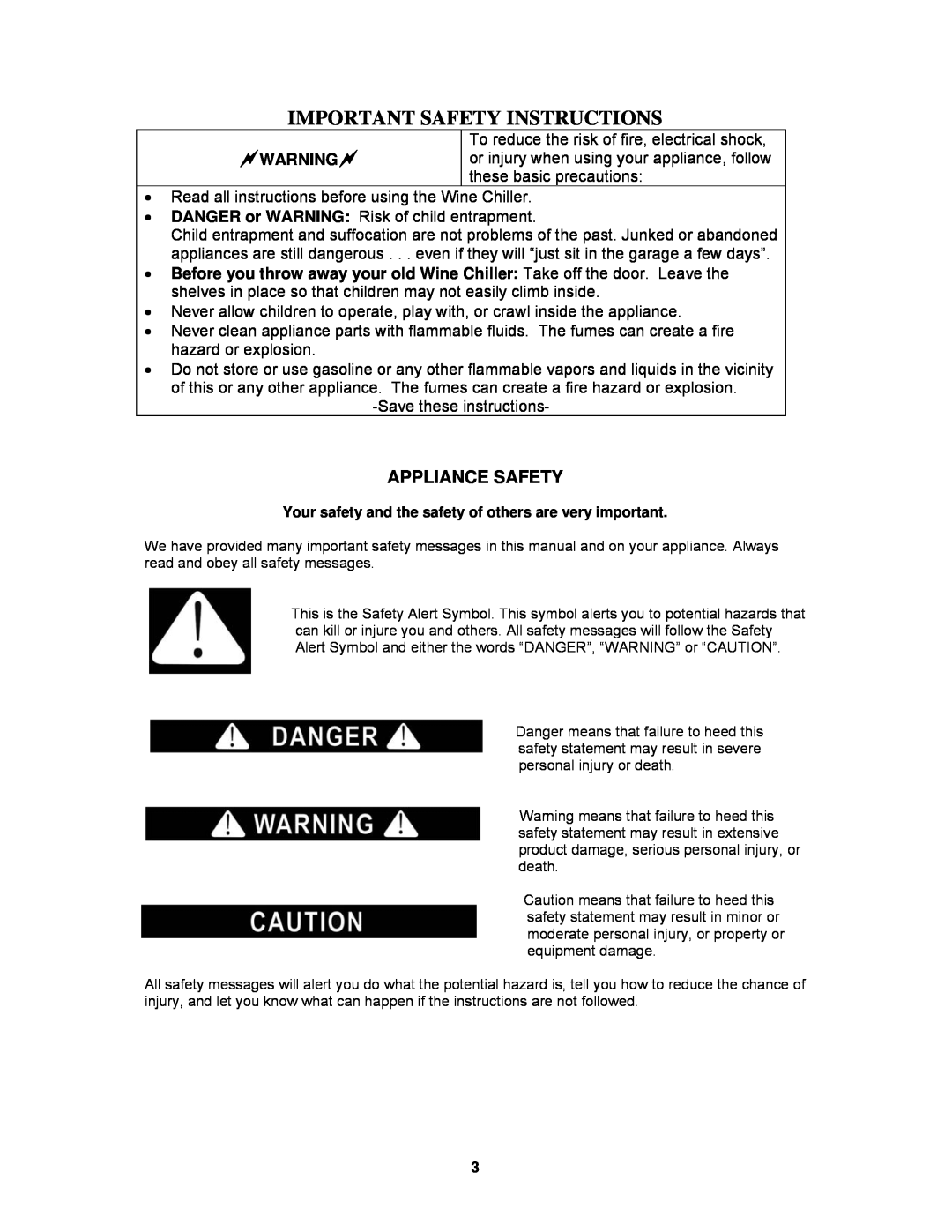 Avanti WC30SSR instruction manual Important Safety Instructions, Appliance Safety 