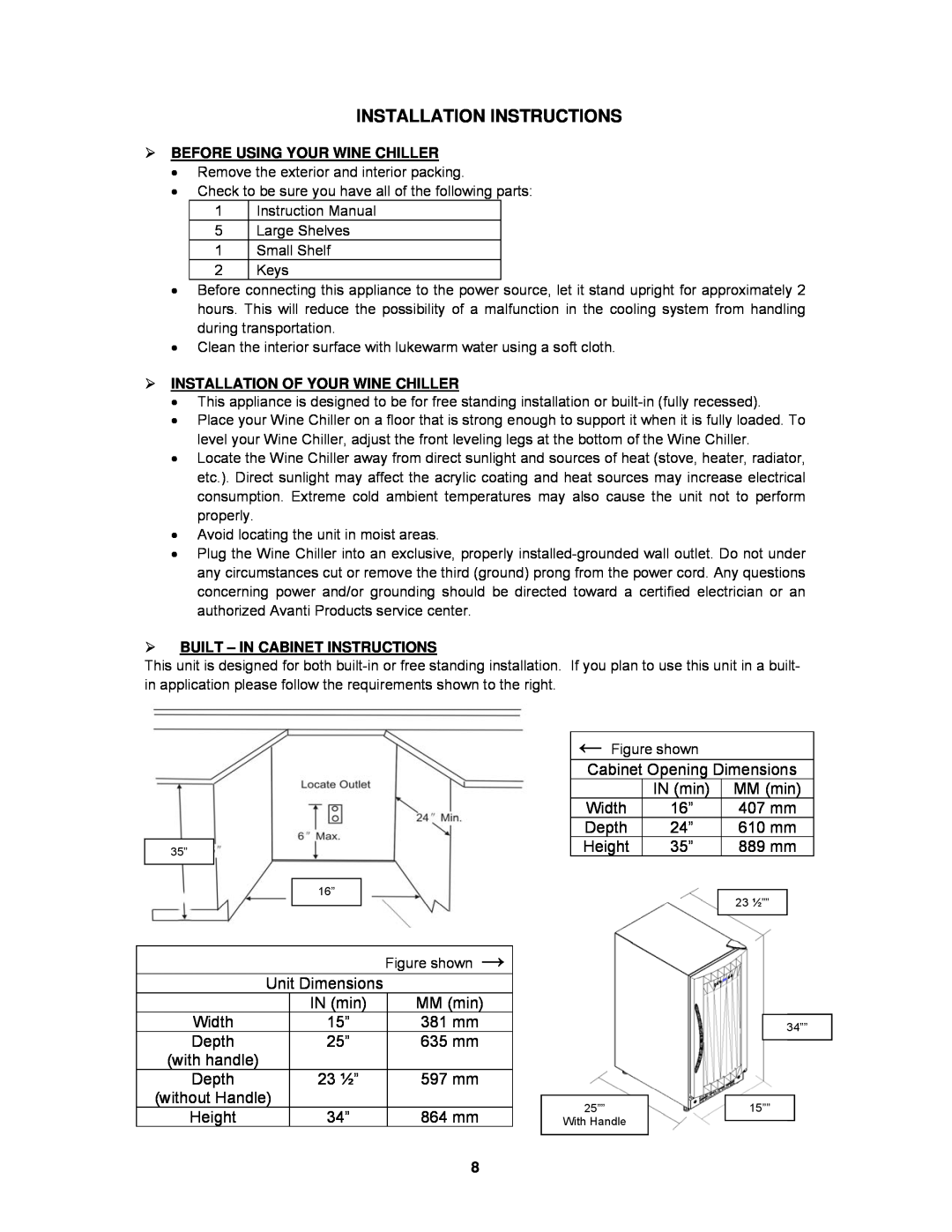 Avanti WC30SSR instruction manual Installation Instructions 