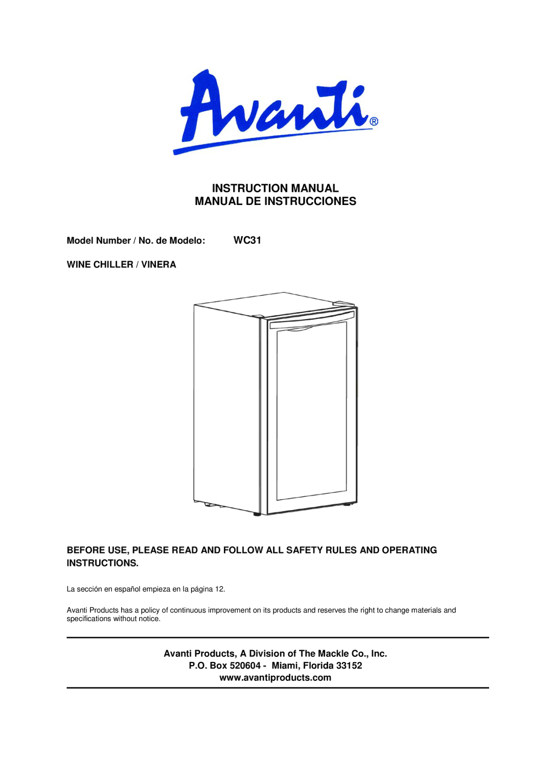 Avanti WC31 instruction manual Manual DE Instrucciones, Model Number / No. de Modelo 