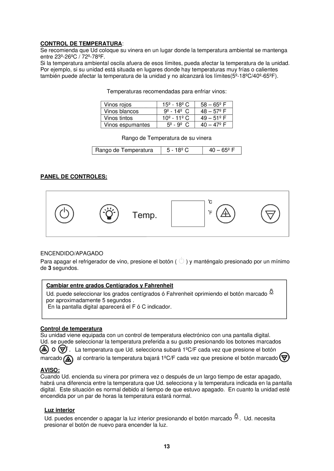 Avanti WC31 instruction manual Control DE Temperatura, Panel DE Controles, Aviso 