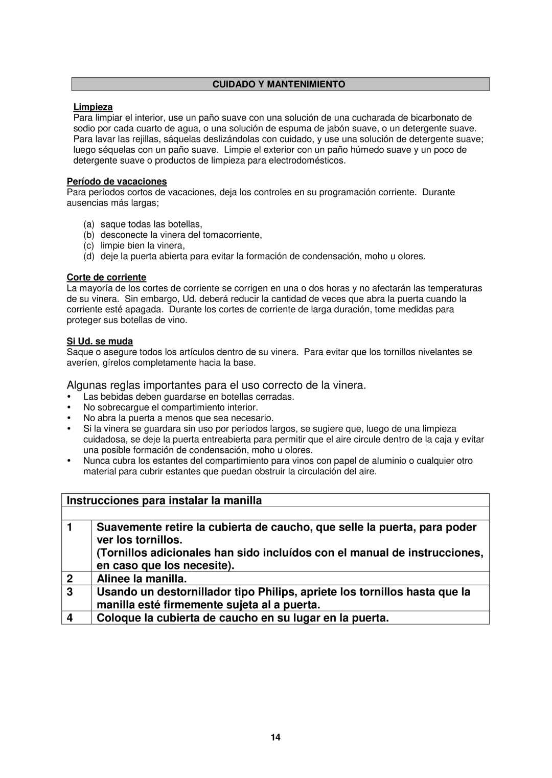 Avanti WC31 instruction manual Cuidado Y Mantenimiento, Limpieza, Período de vacaciones, Corte de corriente, Si Ud. se muda 