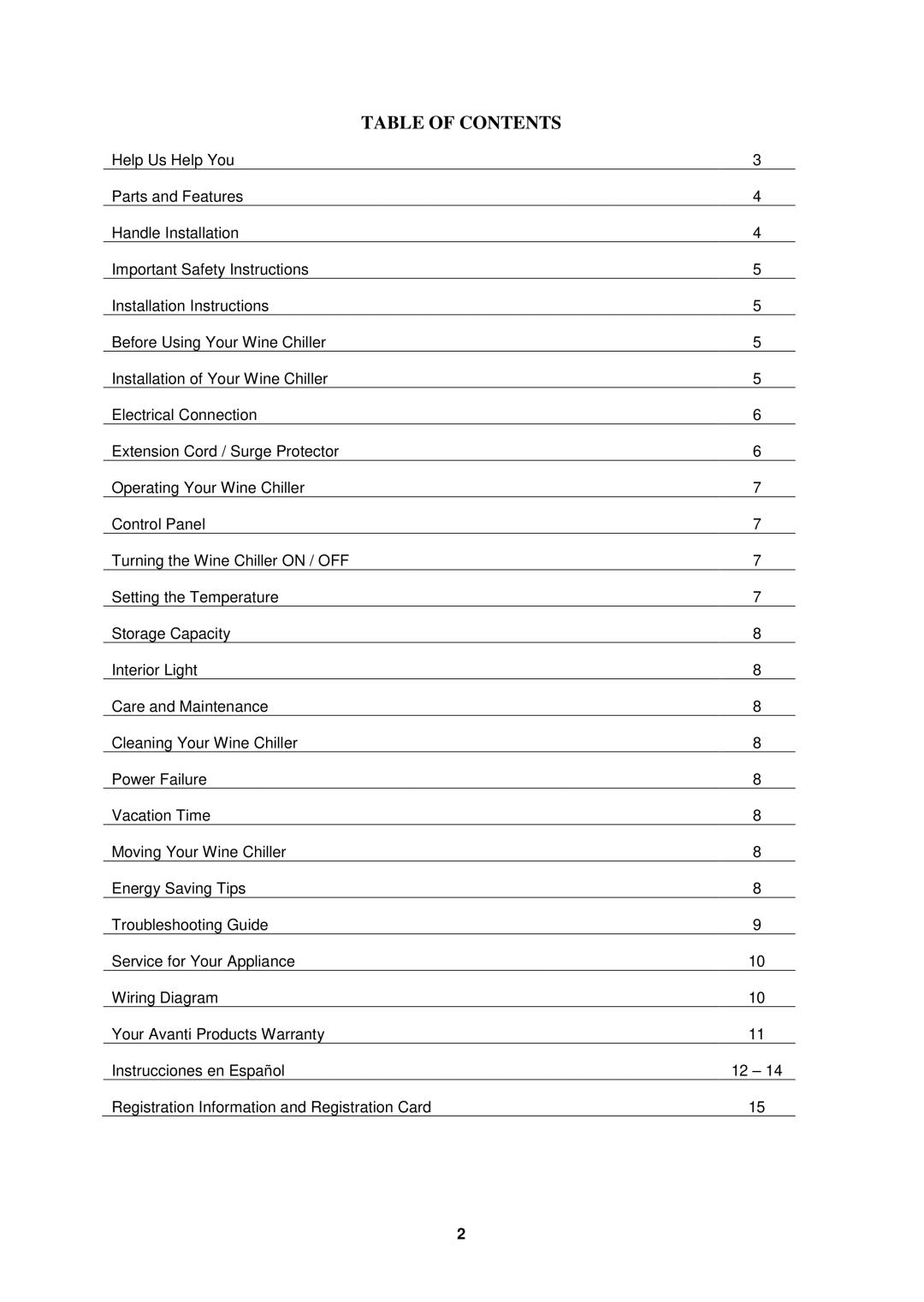 Avanti WC31 instruction manual Table of Contents 