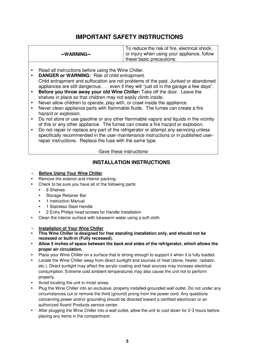 Avanti WC31 instruction manual Installation Instructions, ← Before Using Your Wine Chiller 