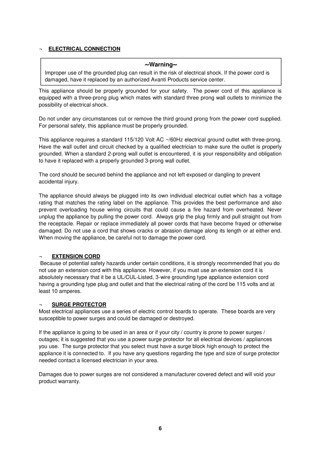 Avanti WC31 instruction manual ← Electrical Connection, ← Extension Cord, ← Surge Protector 