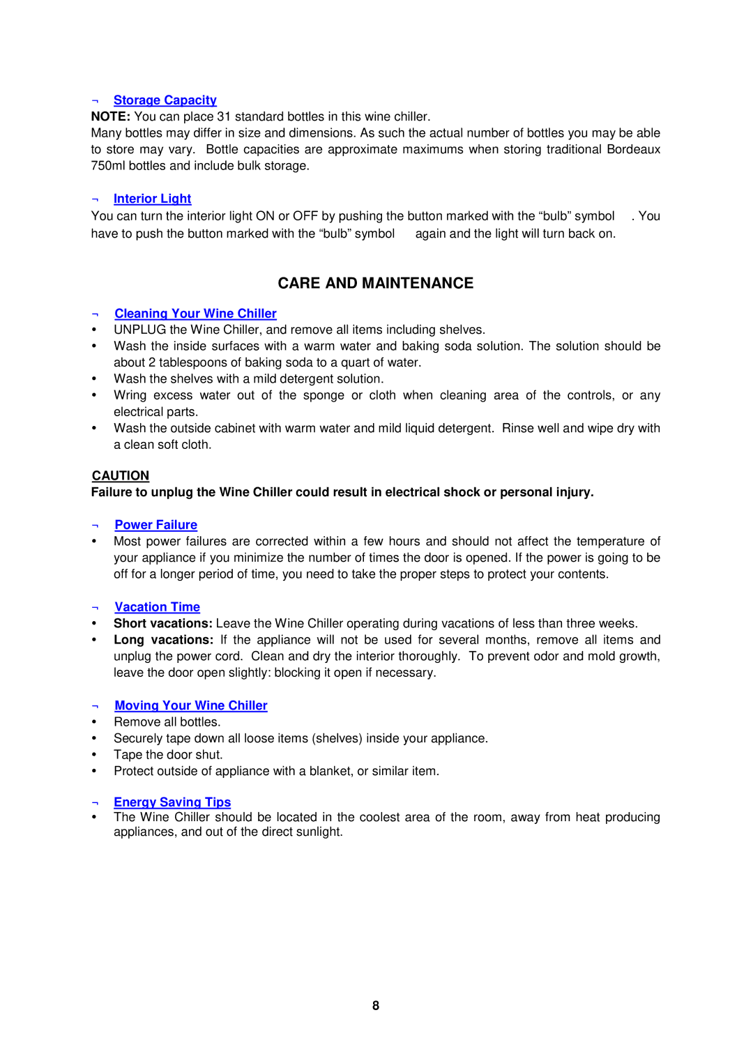 Avanti WC31 instruction manual Care and Maintenance, ← Storage Capacity 