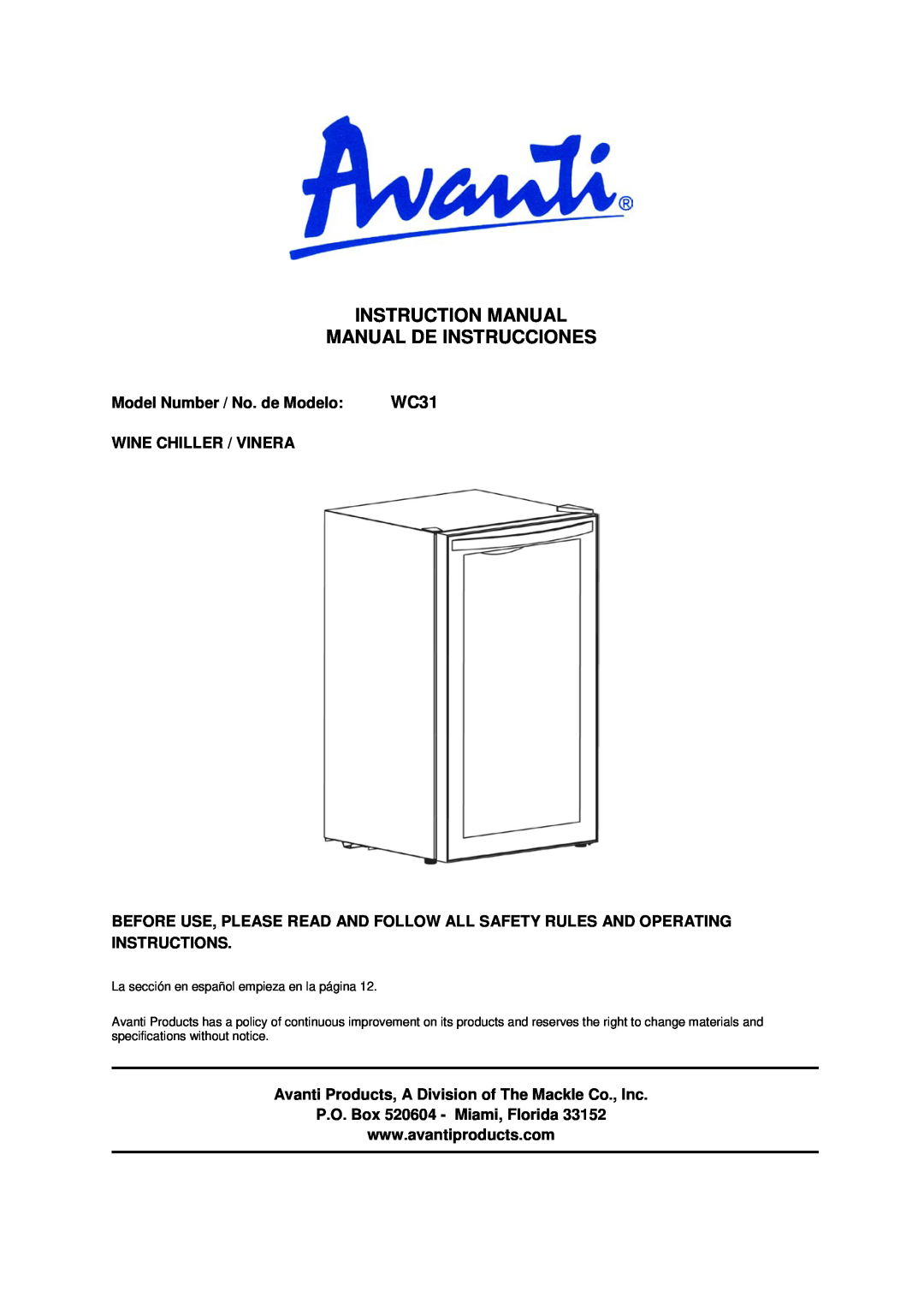 Avanti WC31 instruction manual Model Number / No. de Modelo, Wine Chiller / Vinera, P.O. Box 520604 - Miami, Florida 