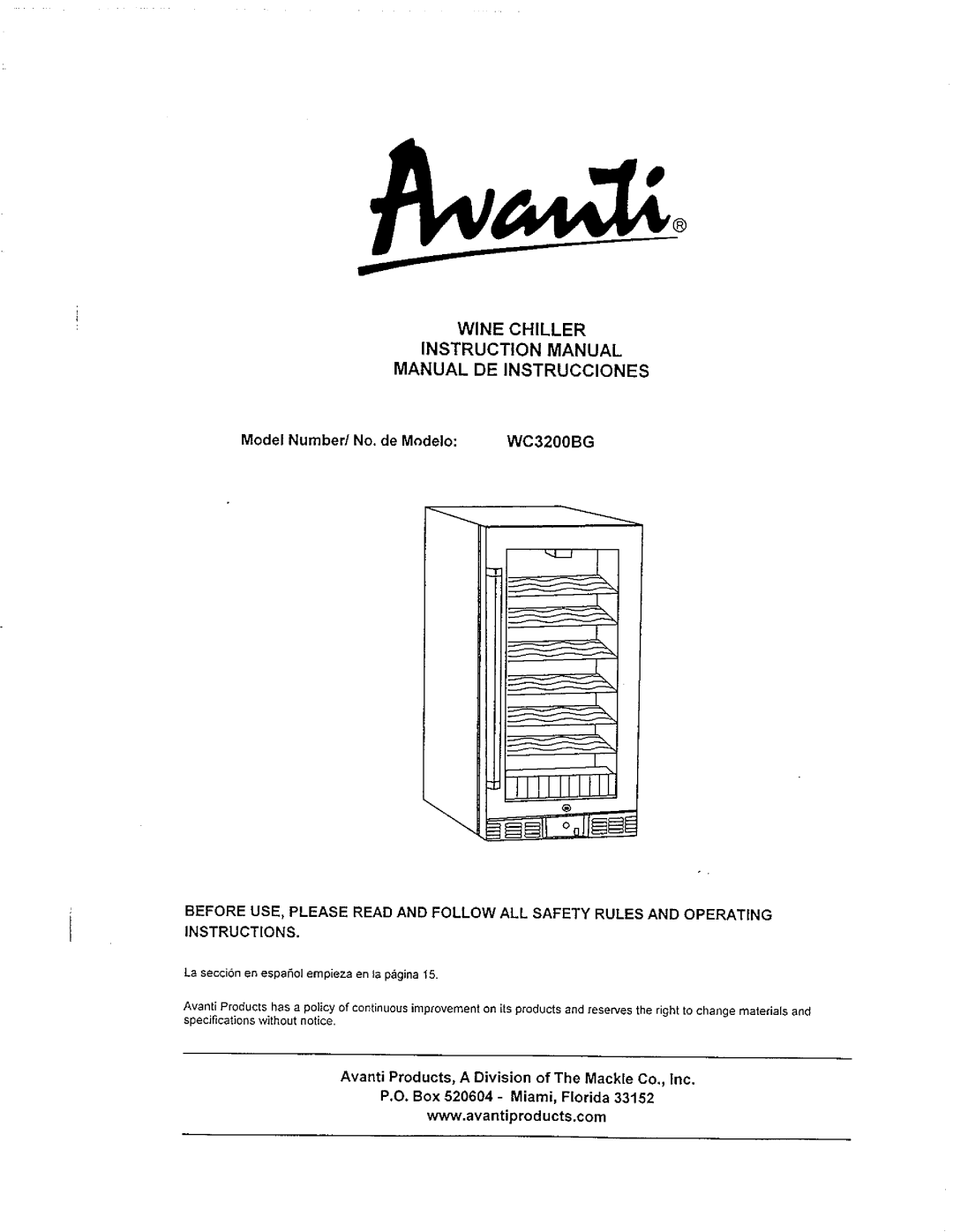 Avanti WC3200BG manual 