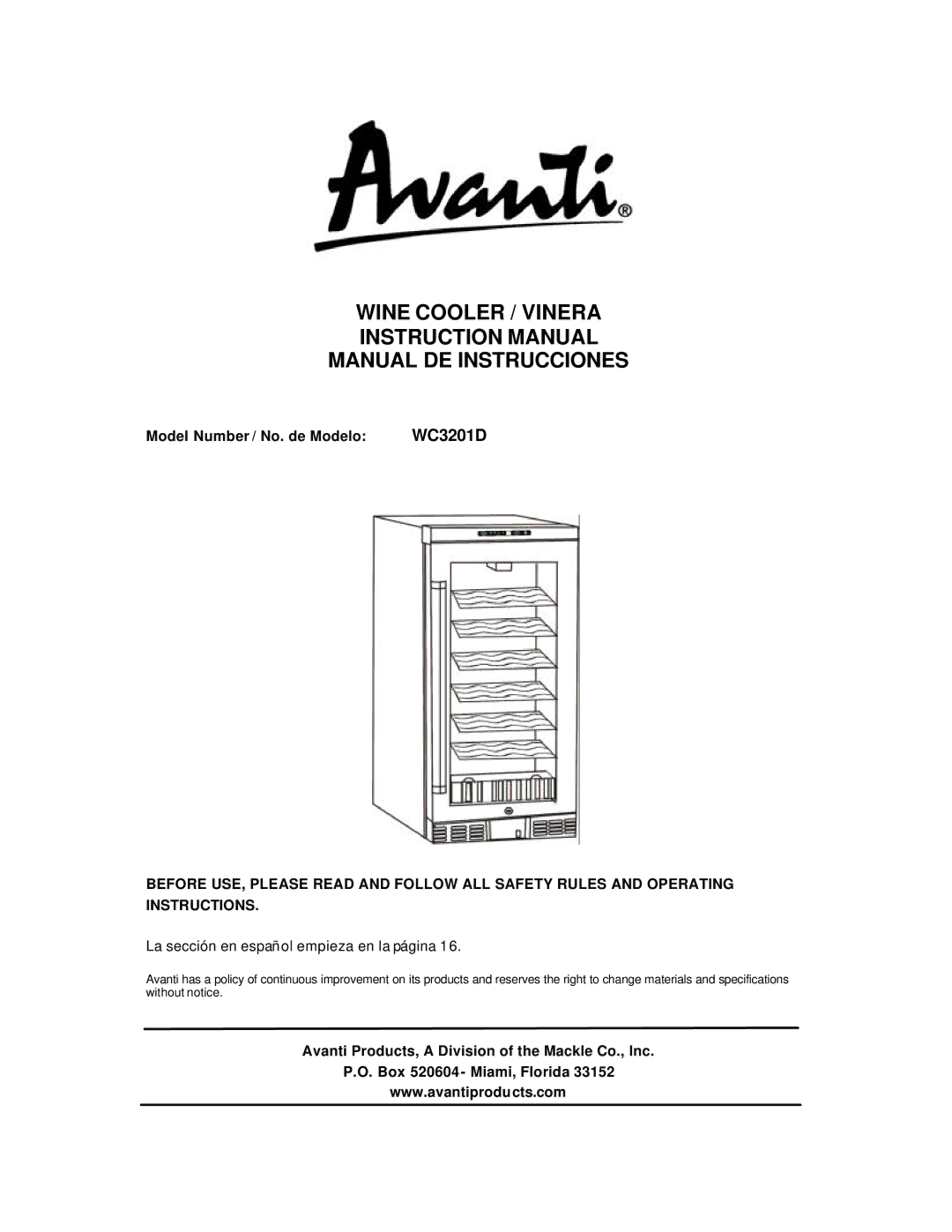 Avanti WC3201D instruction manual Wine Cooler / Vinera Manual DE Instrucciones 