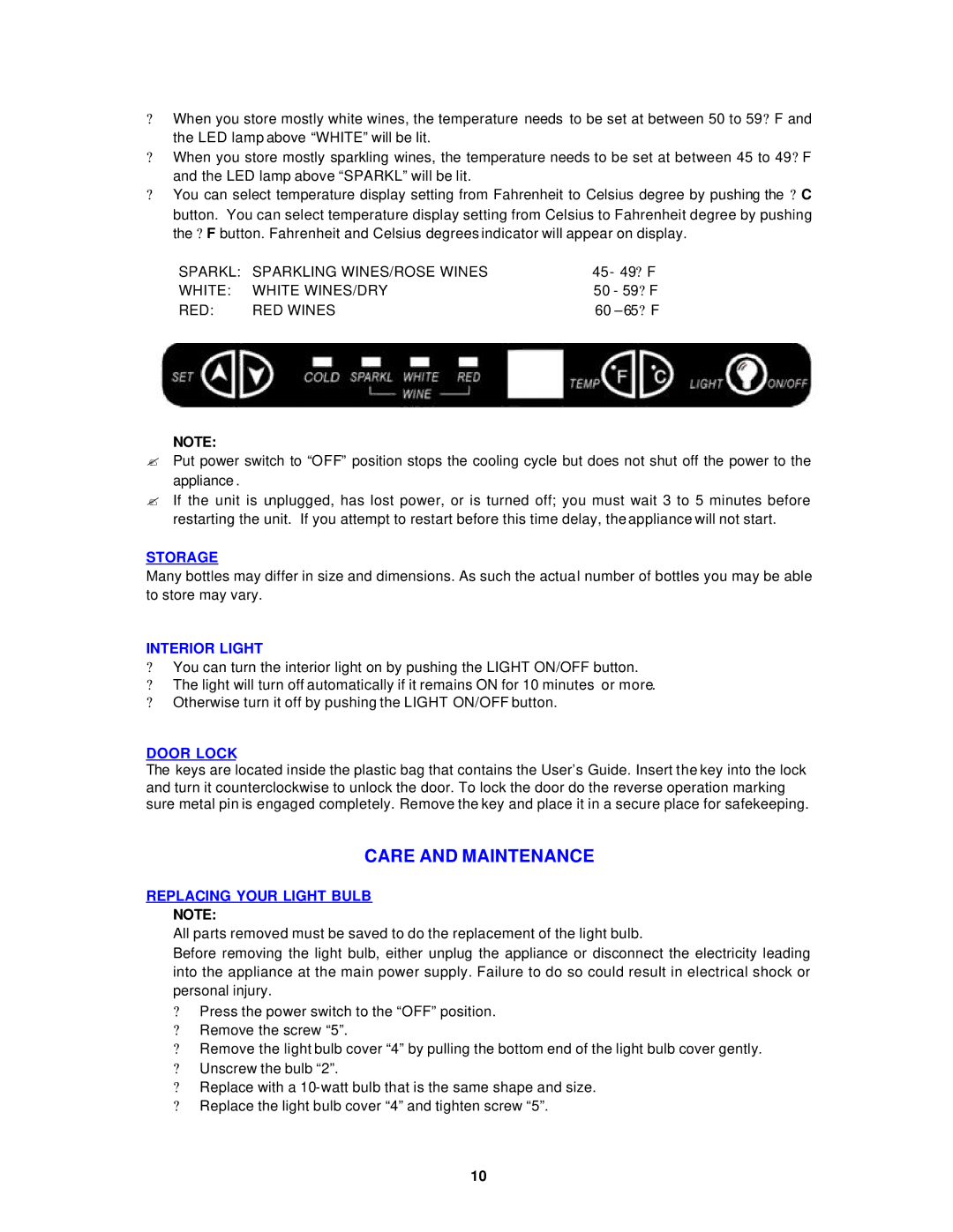 Avanti WC3201D instruction manual Care and Maintenance, Storage, Interior Light, Door Lock, Replacing Your Light Bulb 