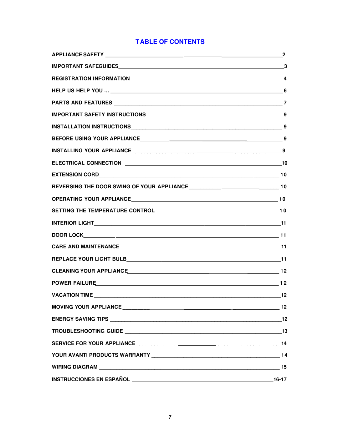 Avanti WC3201D instruction manual Table of Contents 