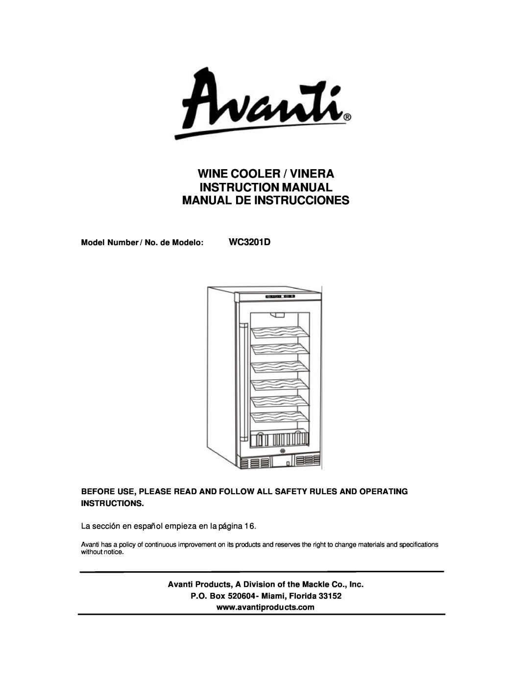 Avanti WC3201D instruction manual Manual De Instrucciones 