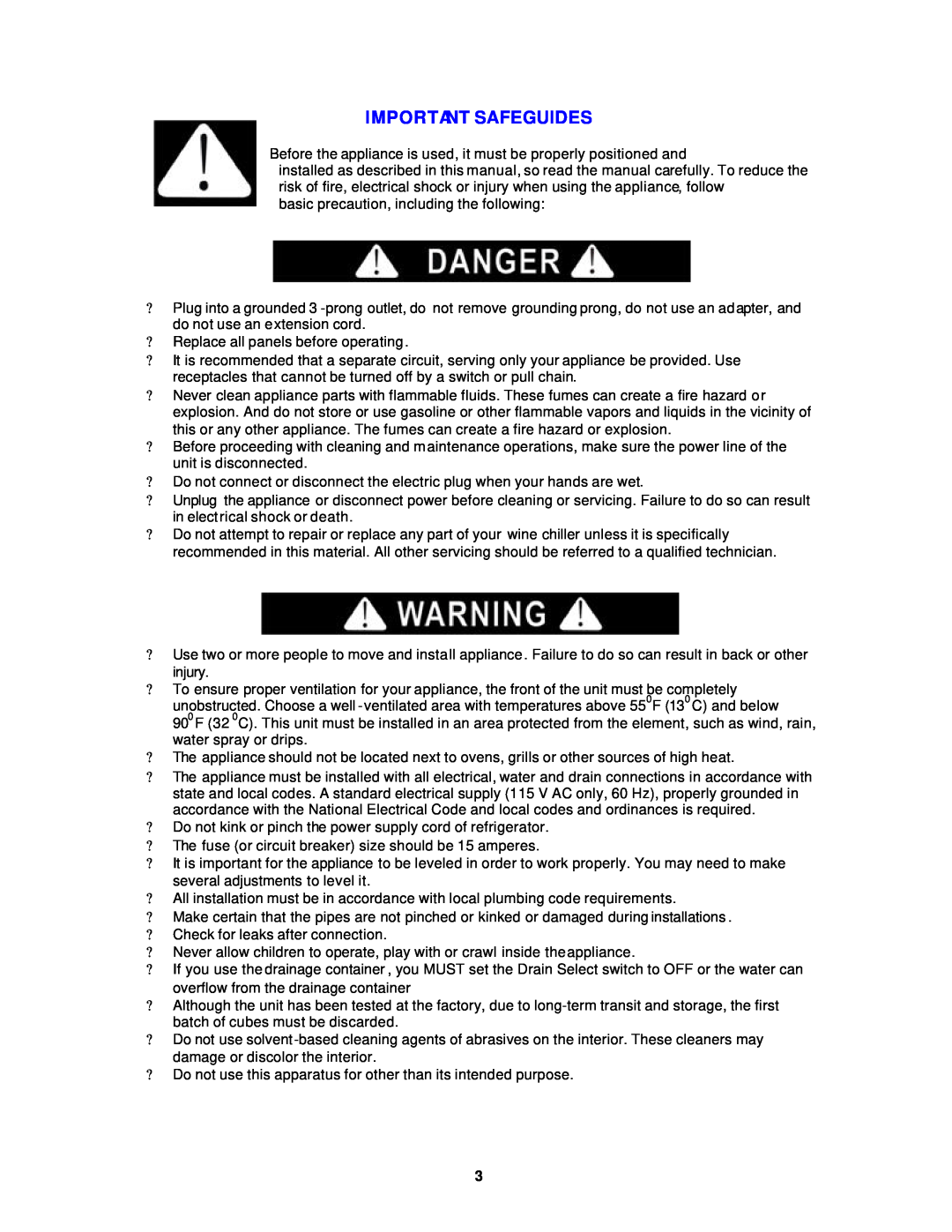 Avanti WC3201D instruction manual Important Safeguides 